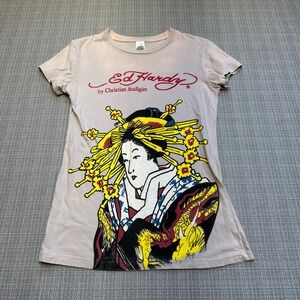 Y2K Ed Hardy Geisha Graphic Tee Shirt Women' Medium Tattoo Art Dragon Streetwear